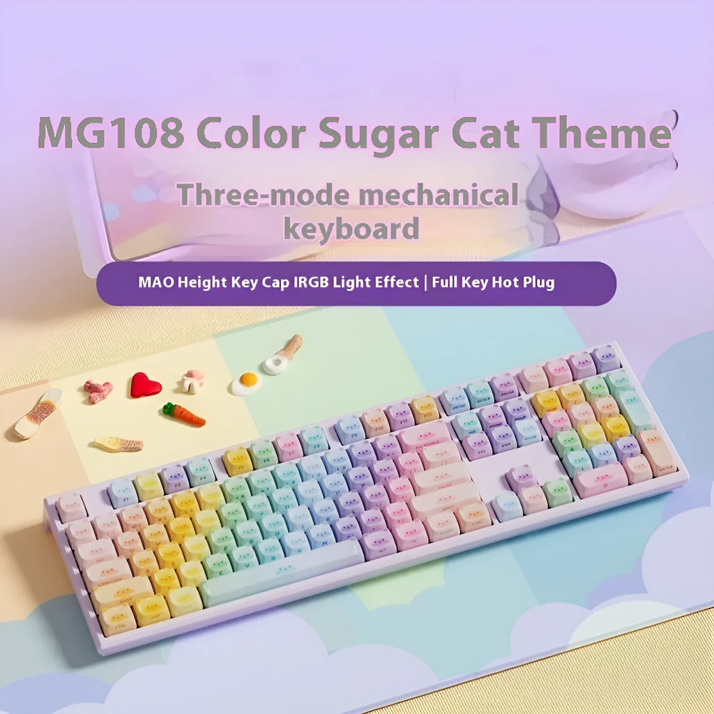 Coloured sugar cat theme Bluetooth mechanical keyboard with piano switches on a desk.
