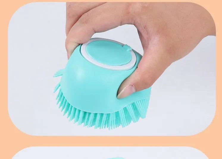 Silicone dog bath and massage brush in blue, pink, and yellow colours on a white background