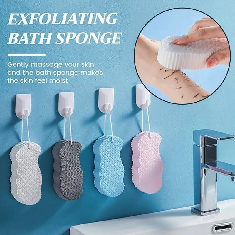 White 3D fish scale pattern bath sponge ball with hanging loop on a bathroom background.