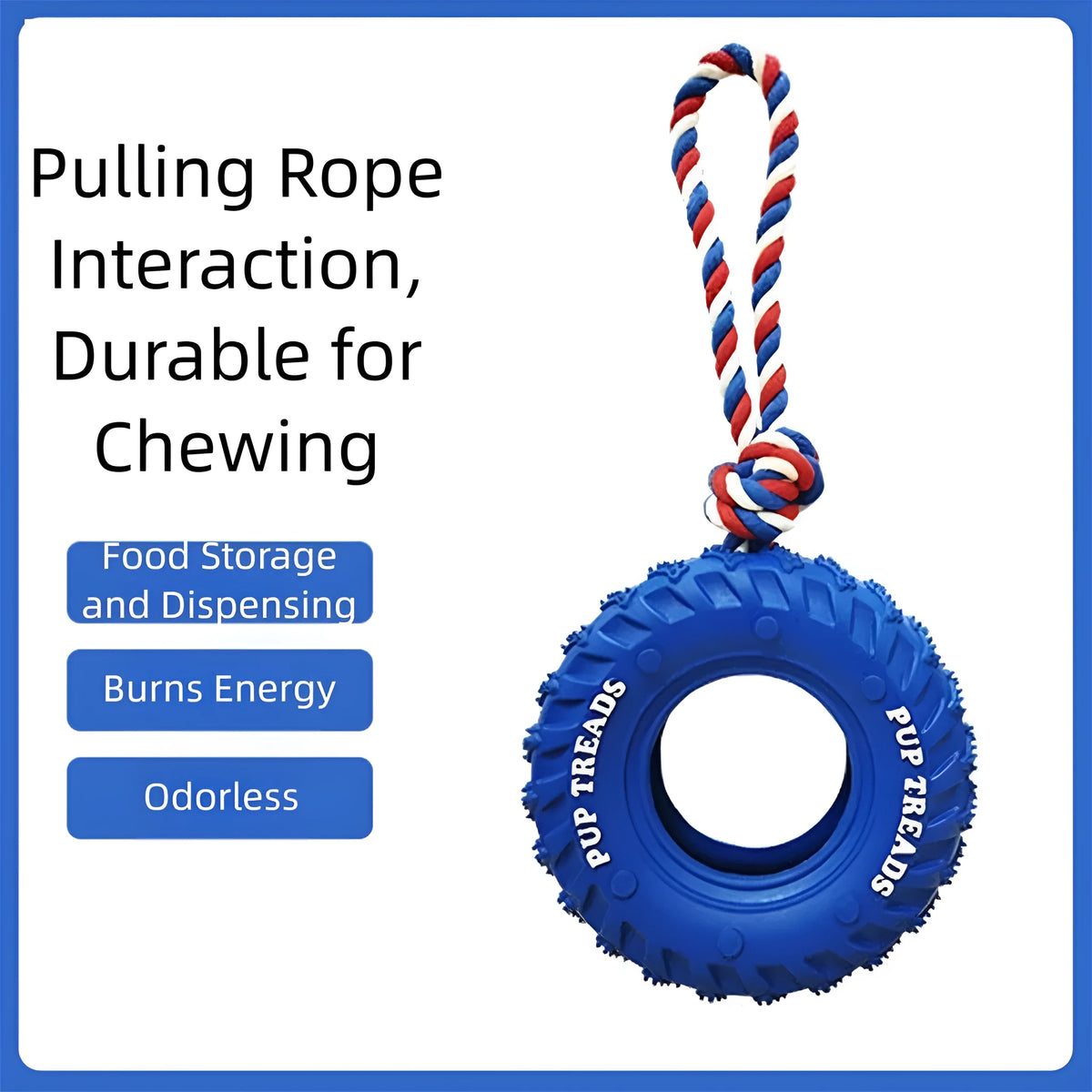 Dog chew toy with rubber tire and tug-of-war rope in black, blue, or orange for medium large aggressive chewers