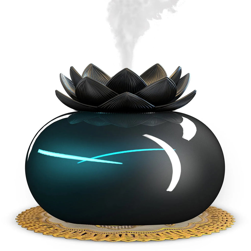 Pure black lotus-shaped aromatherapy humidifier with USB cable and ceramic finish