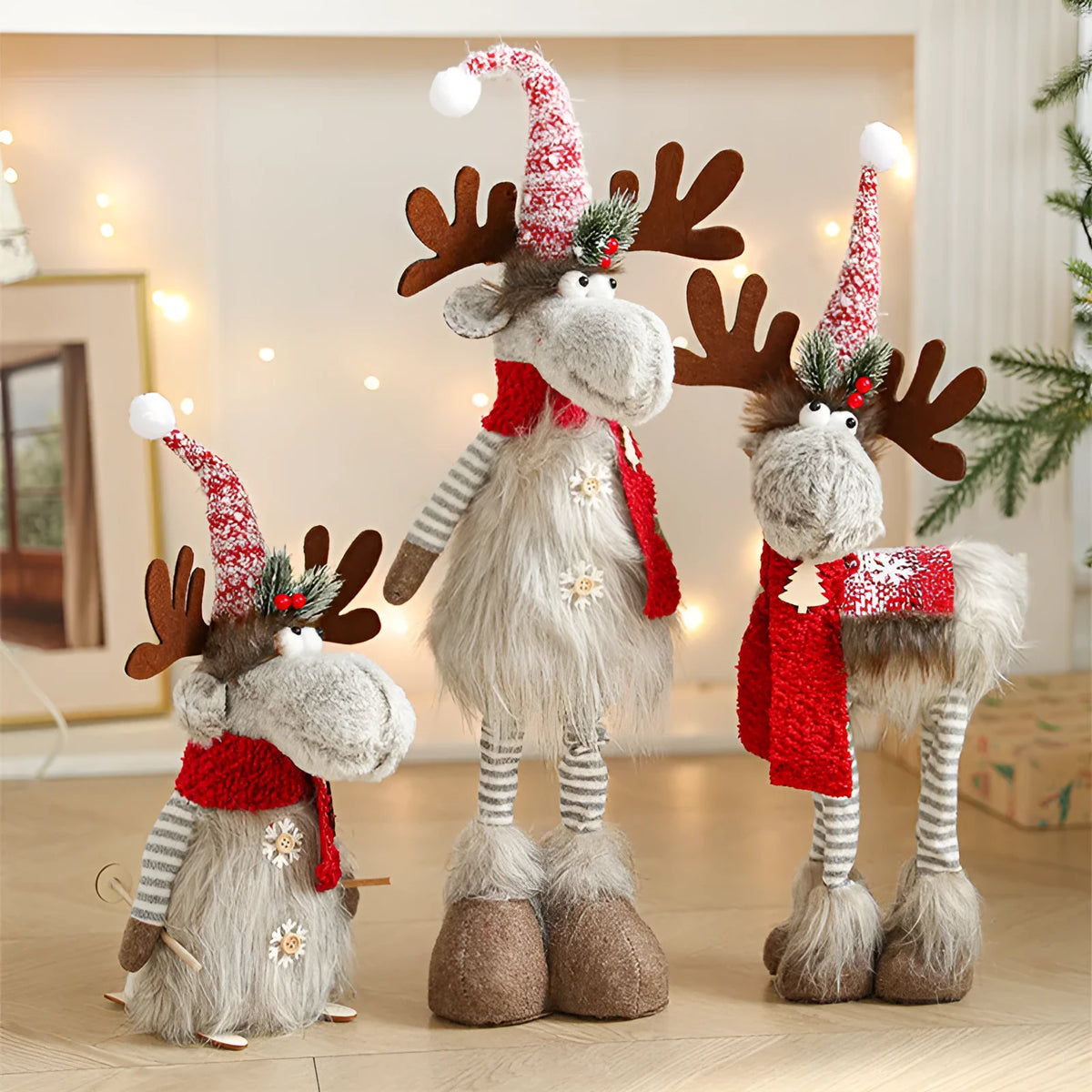 Cartoon plush elk decoration in grey or coffee cloth, retractable Christmas doll for festive display