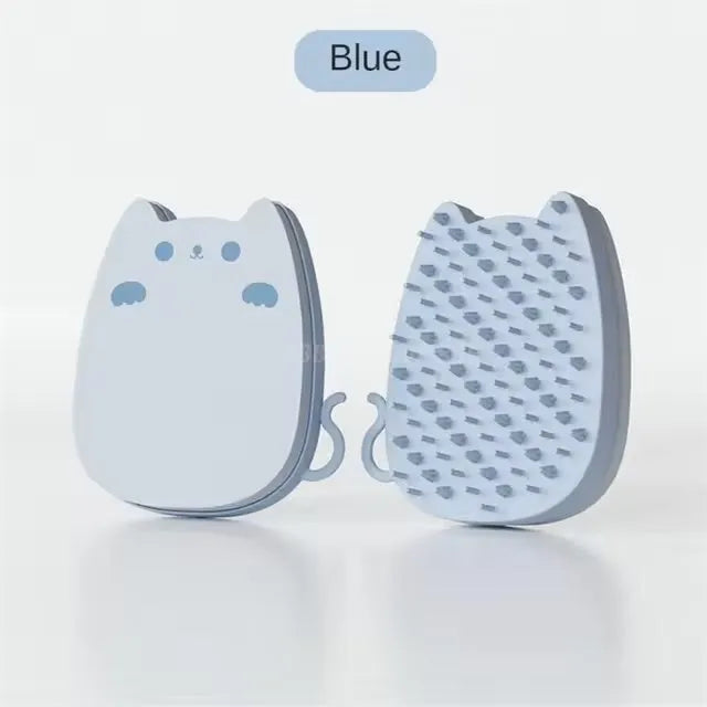 Blue silicone pet grooming comb with dual bristle types on a white background.