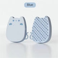 Blue silicone pet grooming comb with dual bristle types on a white background.