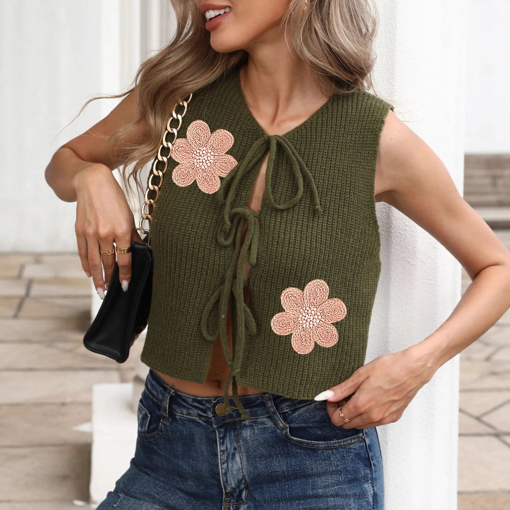 White ladies lace-up vest cardigan with bow front and floral pattern on deer plush fabric