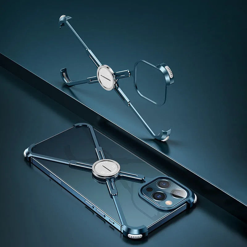 Metal phone case with X-shape design, airbag corners, and magnetic lock for iPhone 12 13 series in silver