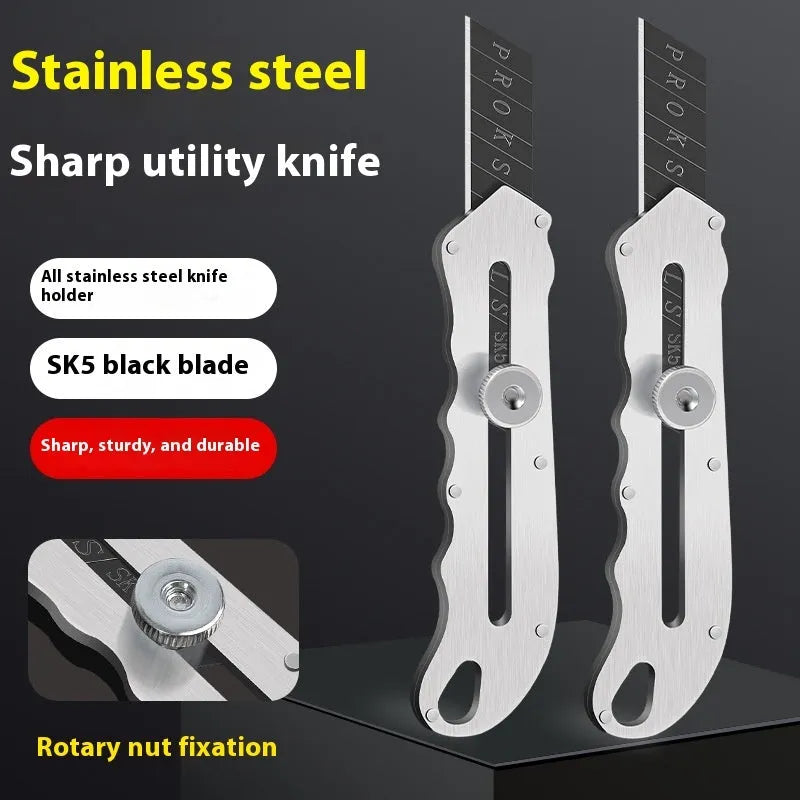 Stainless steel folding art knife with black blade and assorted replacement blades