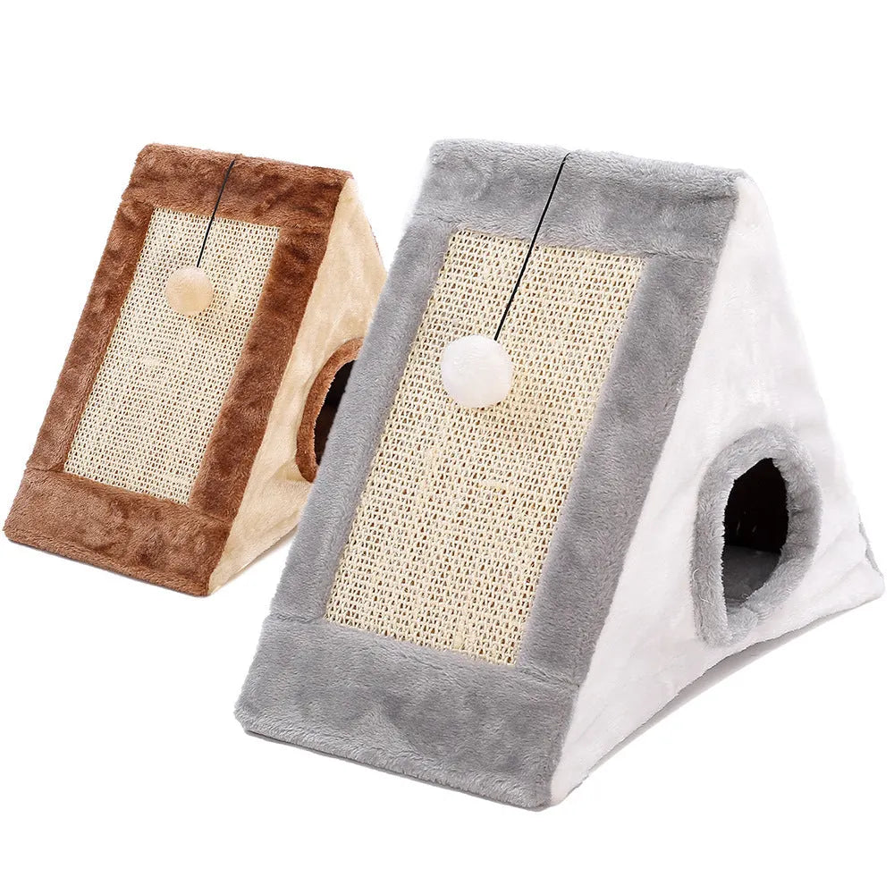 Triangular cat scratching bed with fur cover in gray white or light brown beige color options for pets