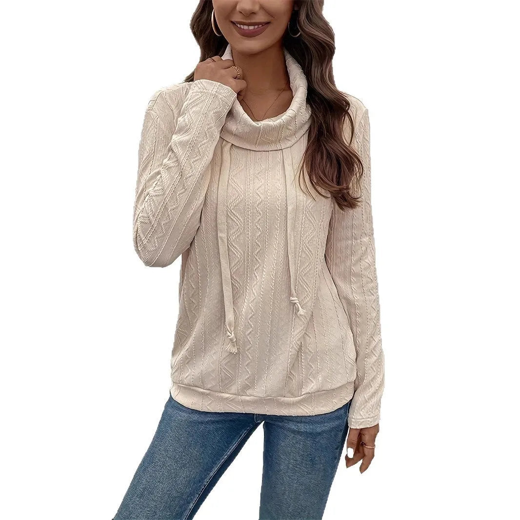 Apricot coloured long sleeve hooded pullover sweater with drawstring on mannequin