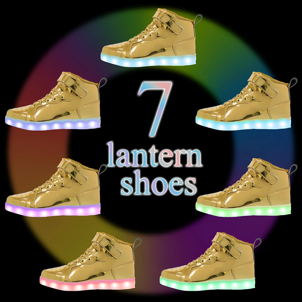 Adult unisex black LED high-top shoes with velcro strap and glowing sole lights.