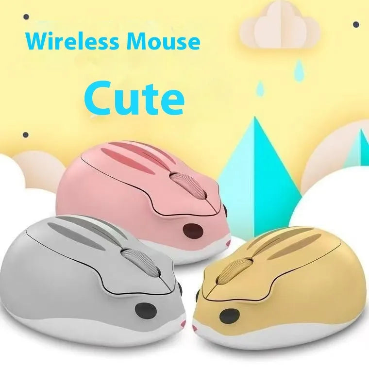 Hamster Wireless Bluetooth Silent Mouse in yellow, pink, and grey colours on a desk