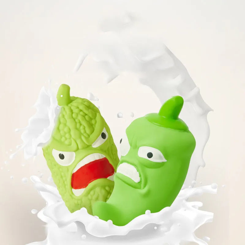 Bitter melon or chili shaped dog toy with textured surfaces for teeth cleaning and pet sound features