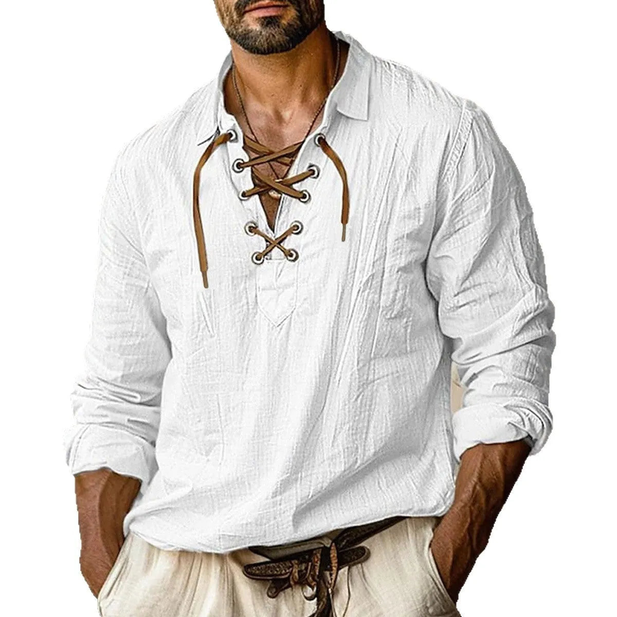 Men's plus size loose-fit linen shirt with lapel collar and lace detailing in solid colours