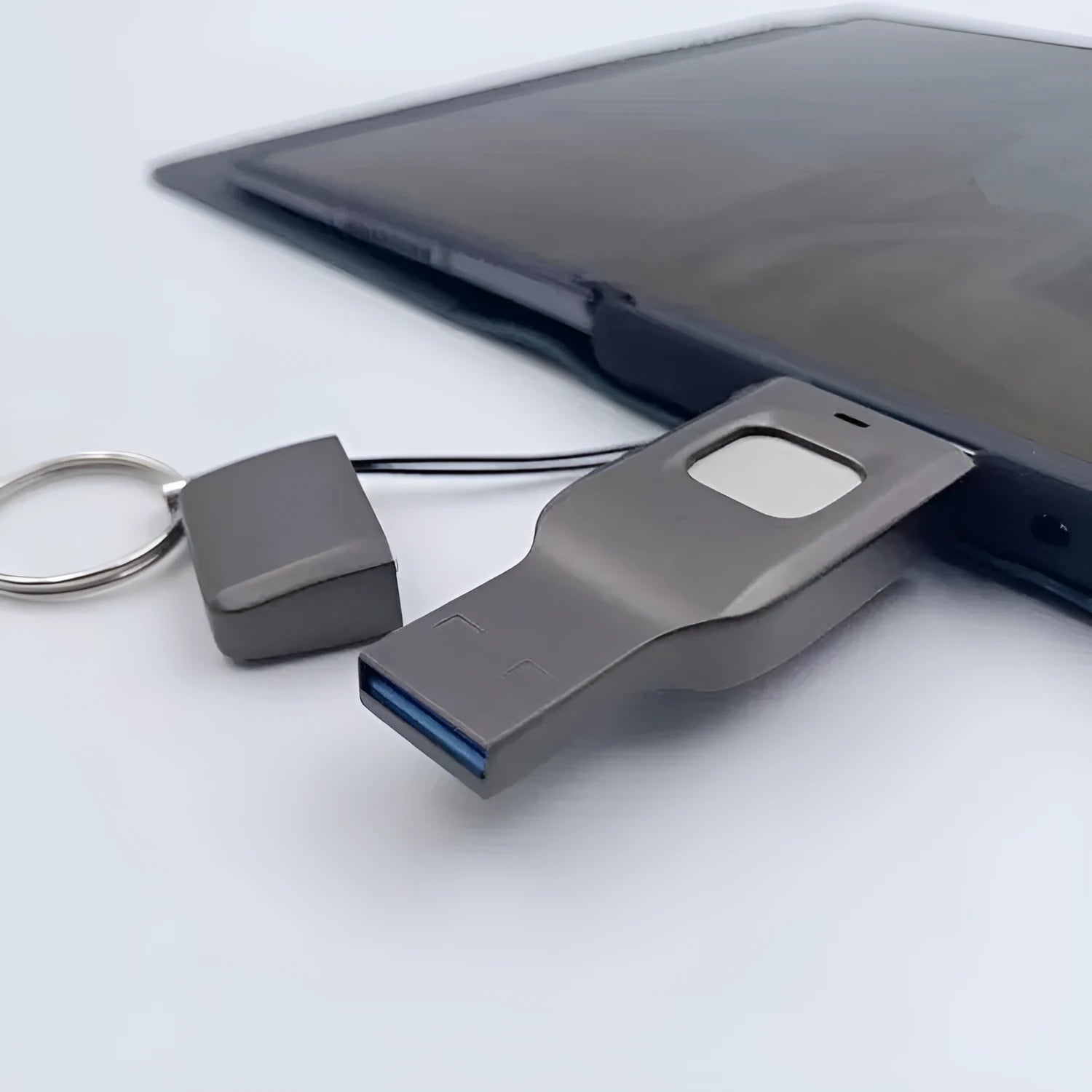 Black fingerprint encrypted USB flash drive showing both USB 3.0 and Type-C interfaces with metal casing