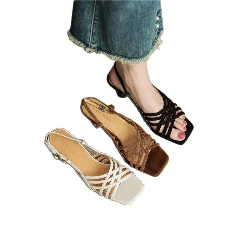 Retro soft leather women's ankle strap high heel sandals with square toe, shown in light brown.