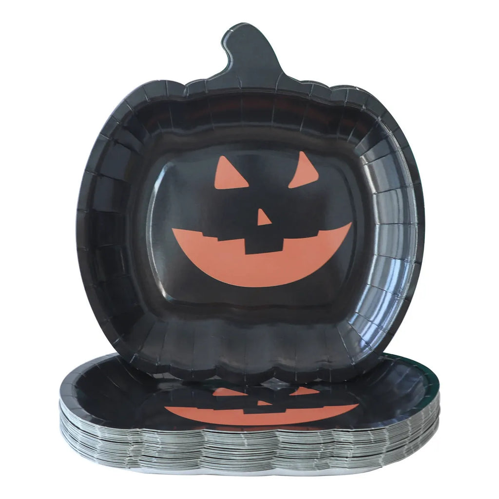 Black Halloween pumpkin design disposable paper plates in 9-inch size