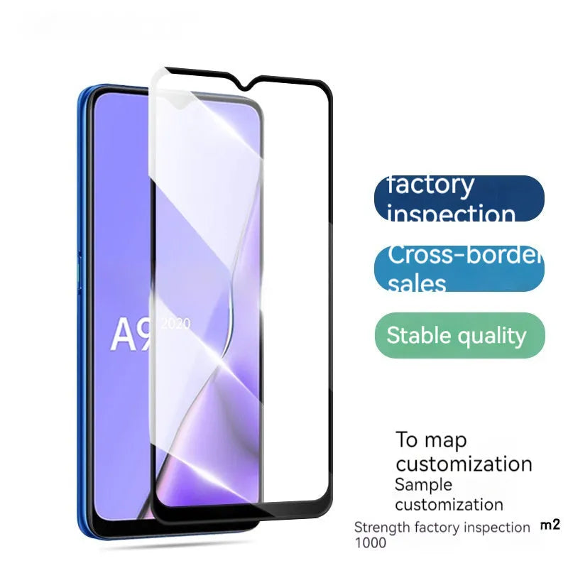 OPPO A9 2020 full glue tempered glass screen protector showing black colour and full screen coverage