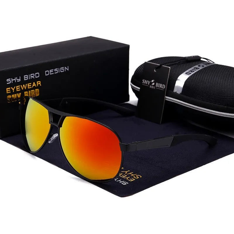 Men's polarised aviator sunglasses with orange red metal frame and dark lenses.