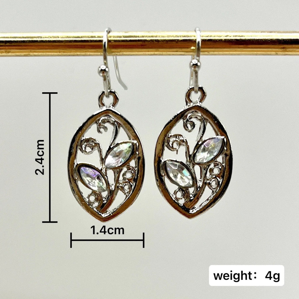 Silver colour leaf-shaped alloy earrings with embedded colourful moonstone centrepieces