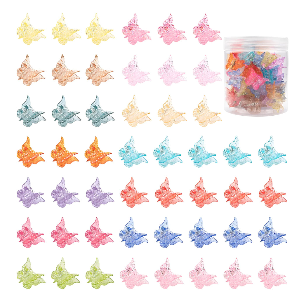 50 glitter butterfly hair claw clips in 14 colours displayed on white background