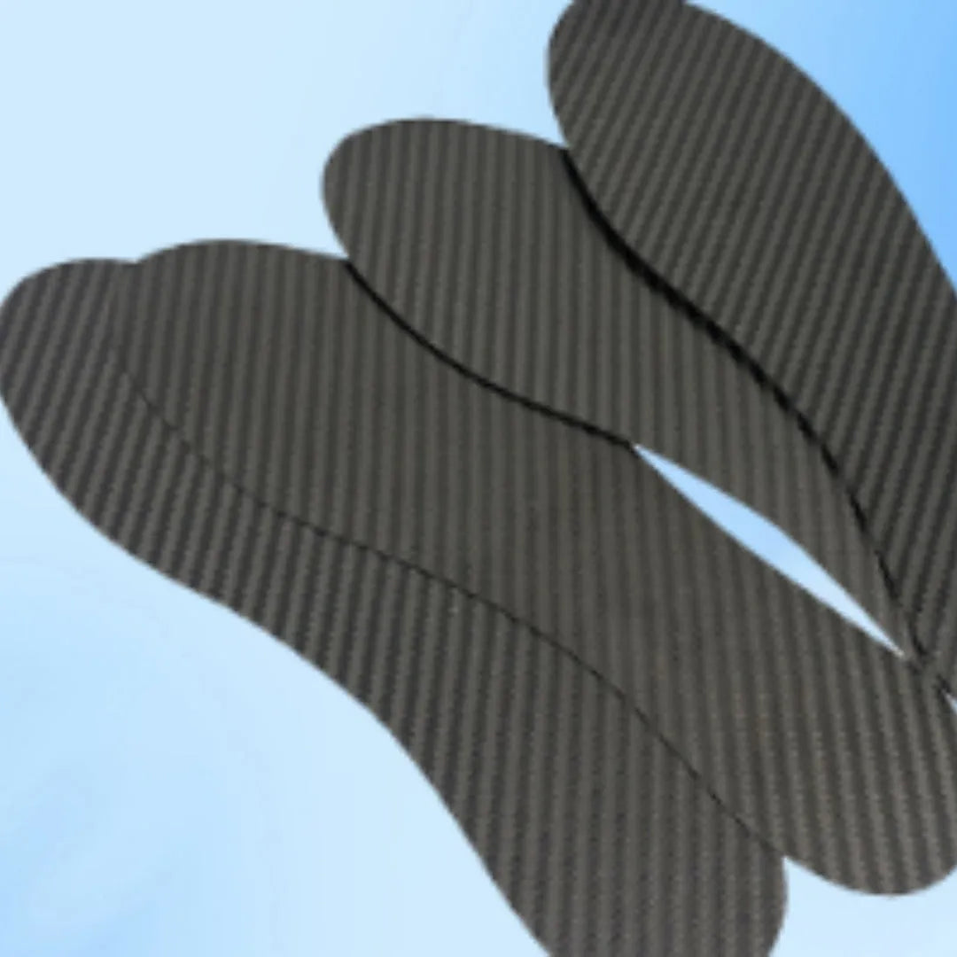 Black 3K full palm carbon fibre running insoles for shock absorption shown in three thickness options