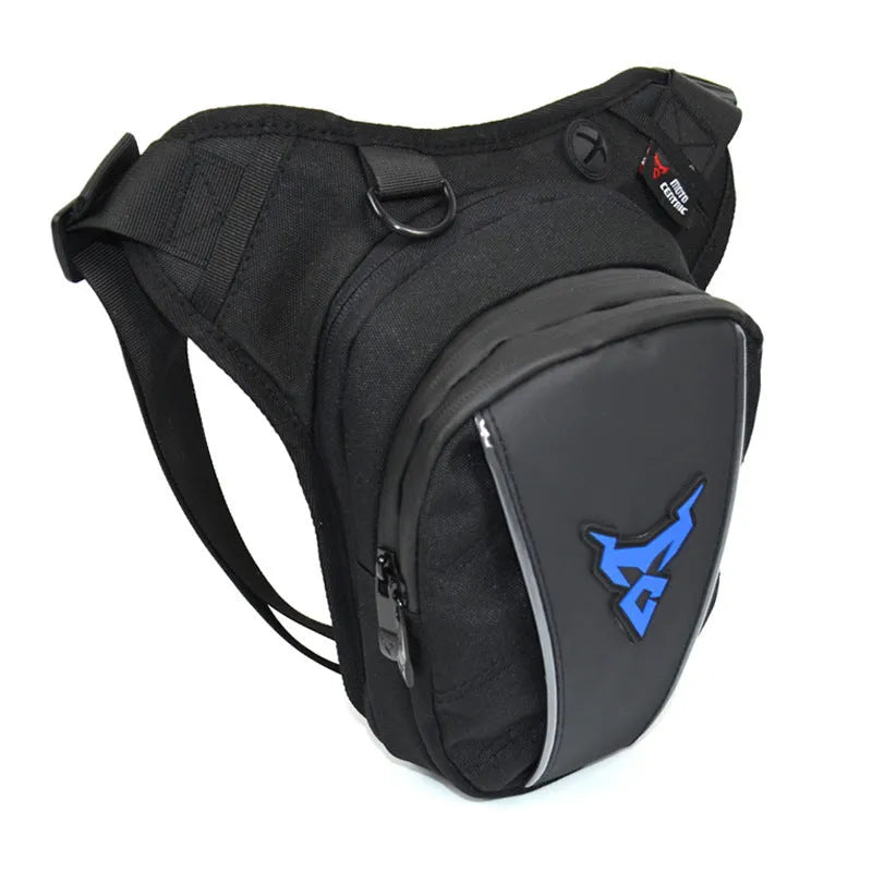 0105MC motorcycle leg bag in 1200D Oxford cloth, shown in red, blue, green, and grey colour options.