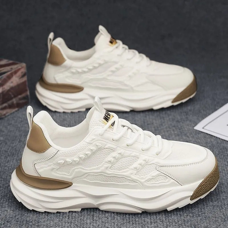 Men's breathable mesh shoes with PU mesh upper in round toe design, available in white and black