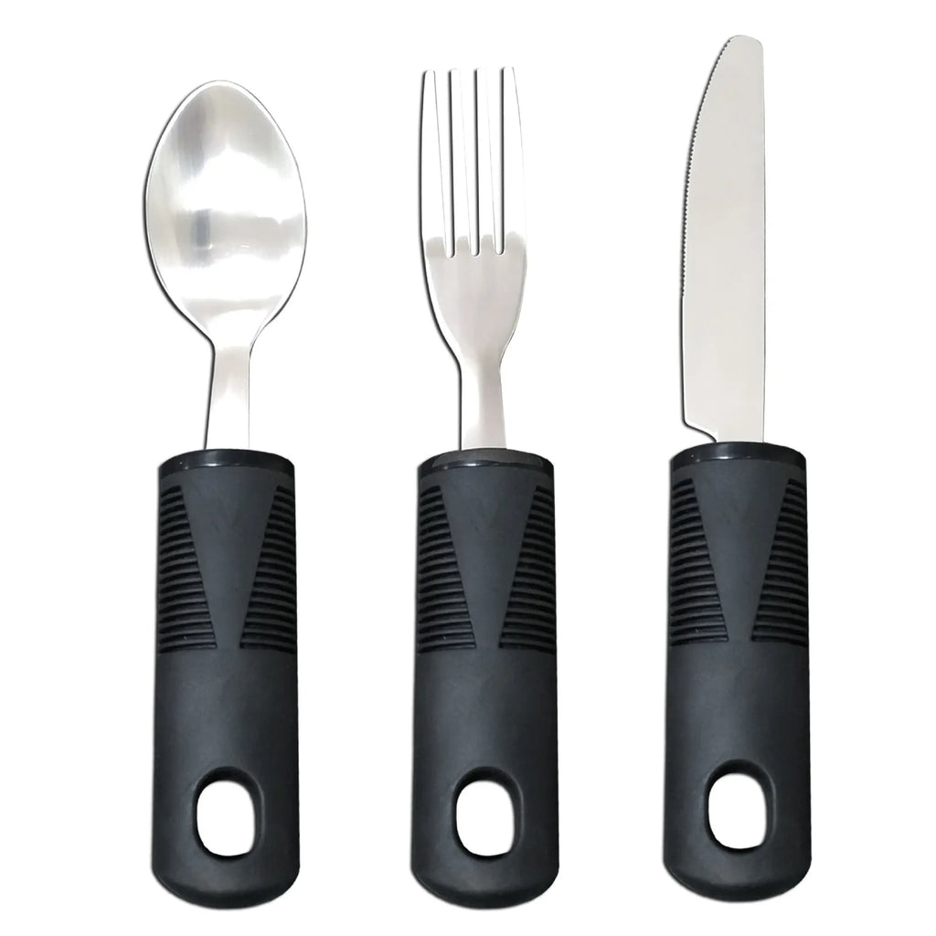 Stainless steel adaptive cutlery set with rubber handles for elderly eating assistance