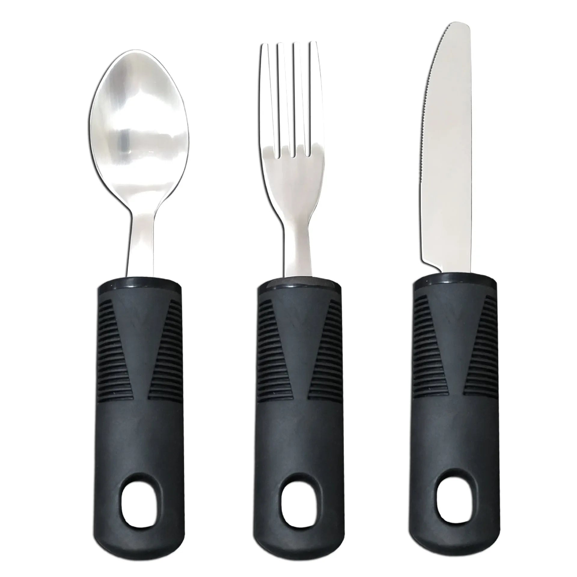 Stainless steel adaptive cutlery set with rubber handles for elderly eating assistance