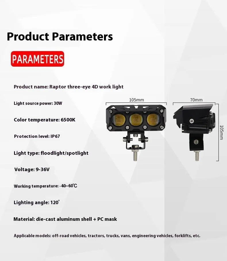 30W Raptor electromobile light with die cast aluminium shell and PC face mask for off-road vehicles
