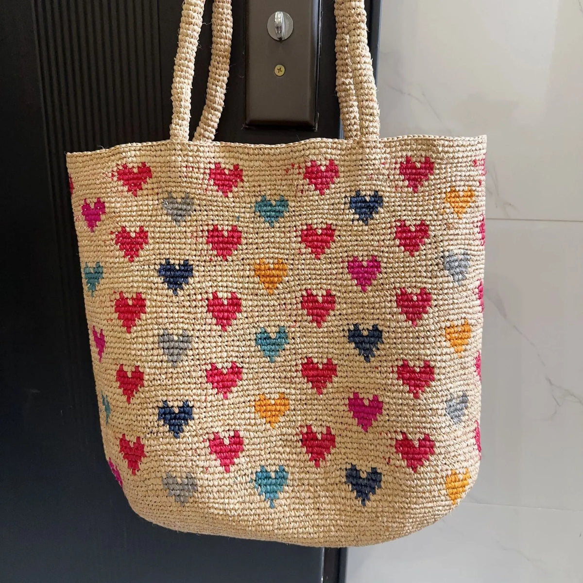 Grass colour raffia woven bucket shoulder bag for women with love embroidery and straw-style weaving