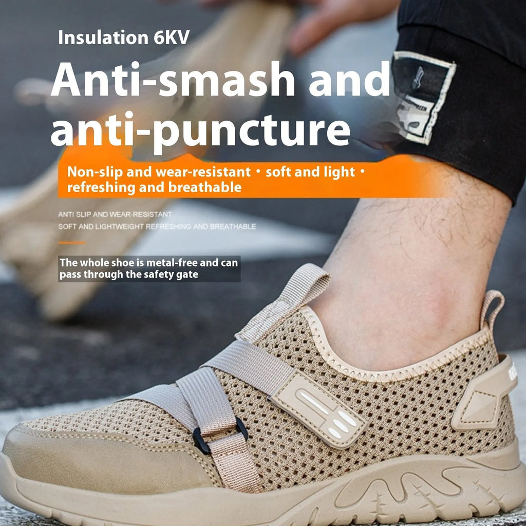 Men's grey safety shoes with steel toe caps, rubber soles, and flying woven upper construction