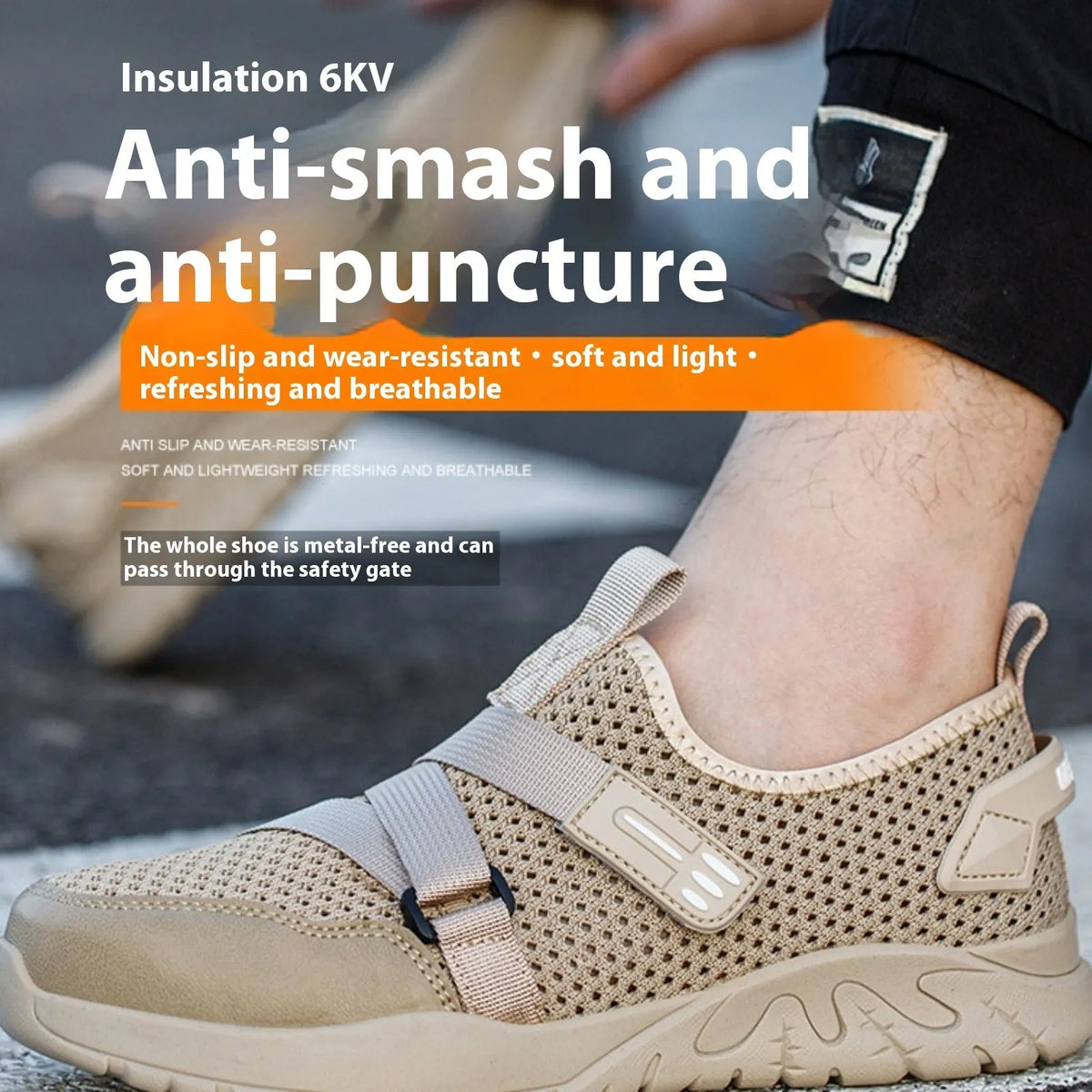 Men's grey safety shoes with steel toe caps, rubber soles, and flying woven upper construction