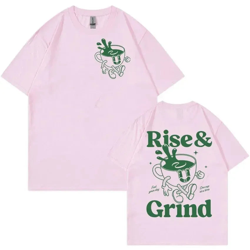 Loose fit linen cartoon T-shirt featuring a Rise and Grind Green Coffee Fun Expression Bag design.