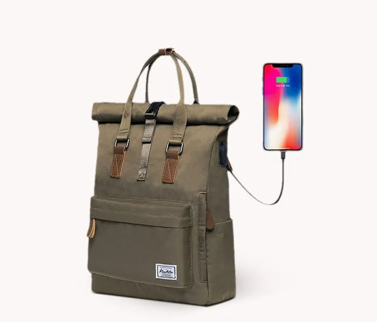 Men's casual polyester backpack in dark grey showing front view and open compartment with laptop pocket.