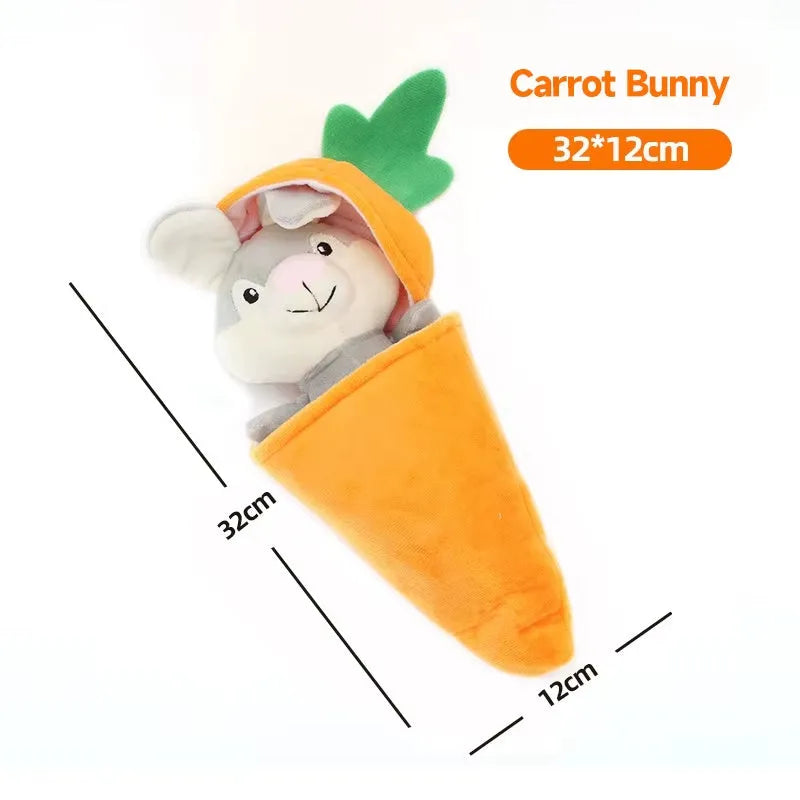 Interactive squeaky dog toy for puppies and small breeds, available in Banana Monkey, Carrot Rabbit, Durian, and Pea shapes