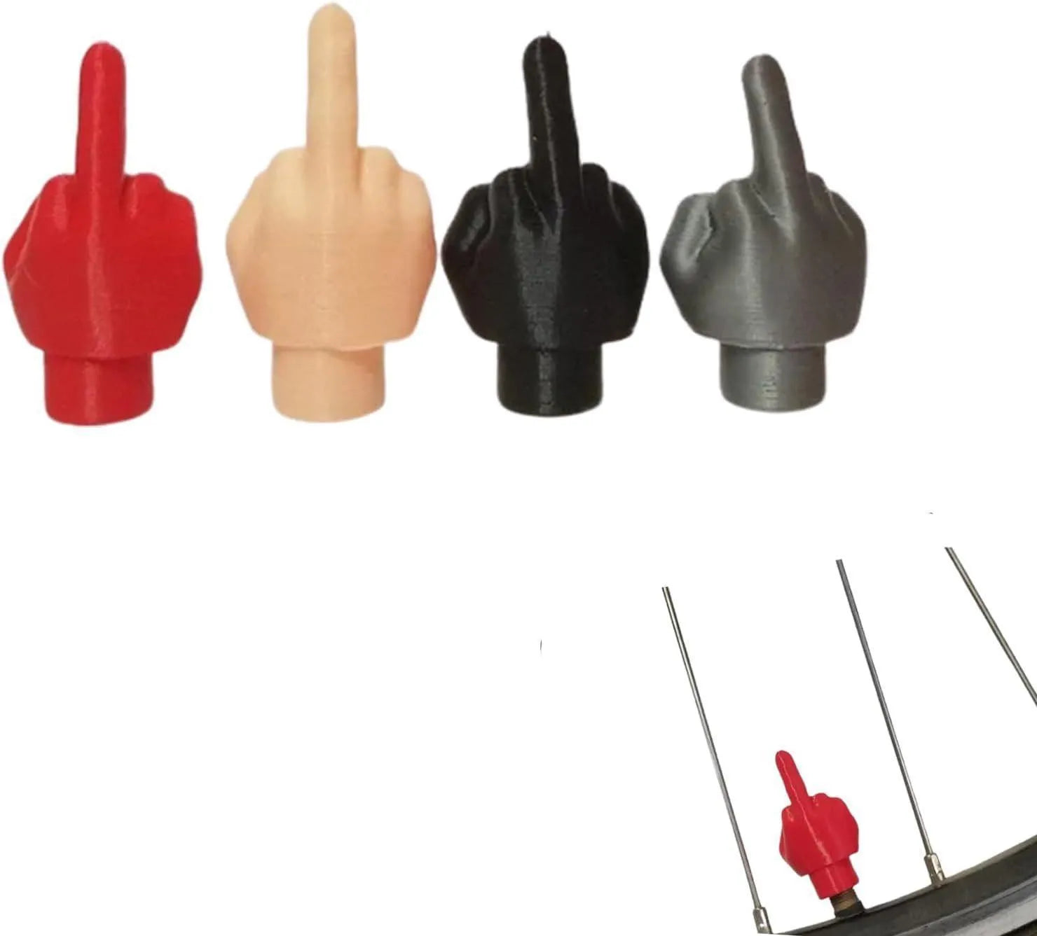 Set of four latex car tyre valve dust caps in black and skin colour tones.