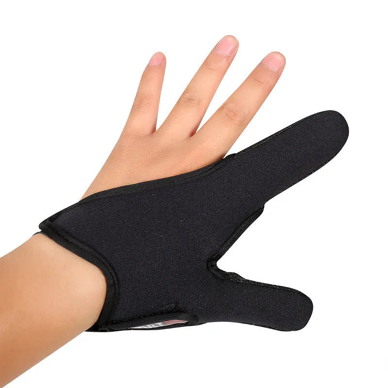 A single two-finger fishing glove for right or left hand in blue, made of diving cloth and microfiber.