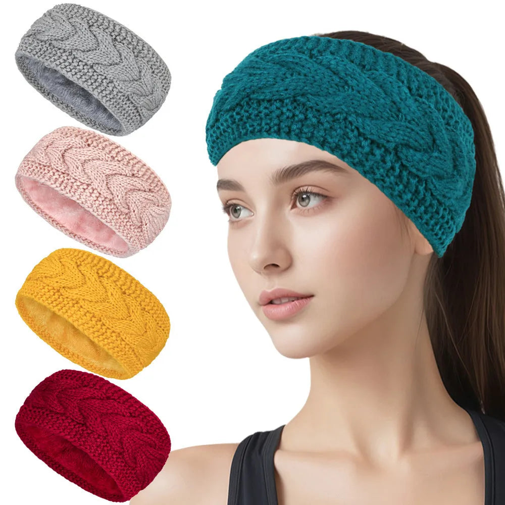 Fleece-lined twist knitted wool hair band for women in black, light grey, beige, and 14 colour options