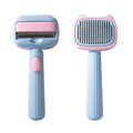 Blue double-sided pet grooming brush showing deshedding rake and dematting comb sides