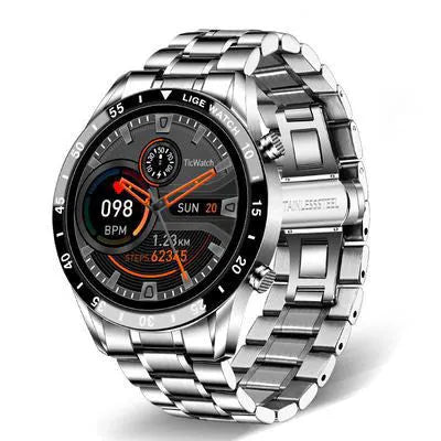 Smart watch with stainless steel band and 1.3 inch touch screen showing fitness tracking display