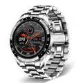 Smart watch with stainless steel band and 1.3 inch touch screen showing fitness tracking display