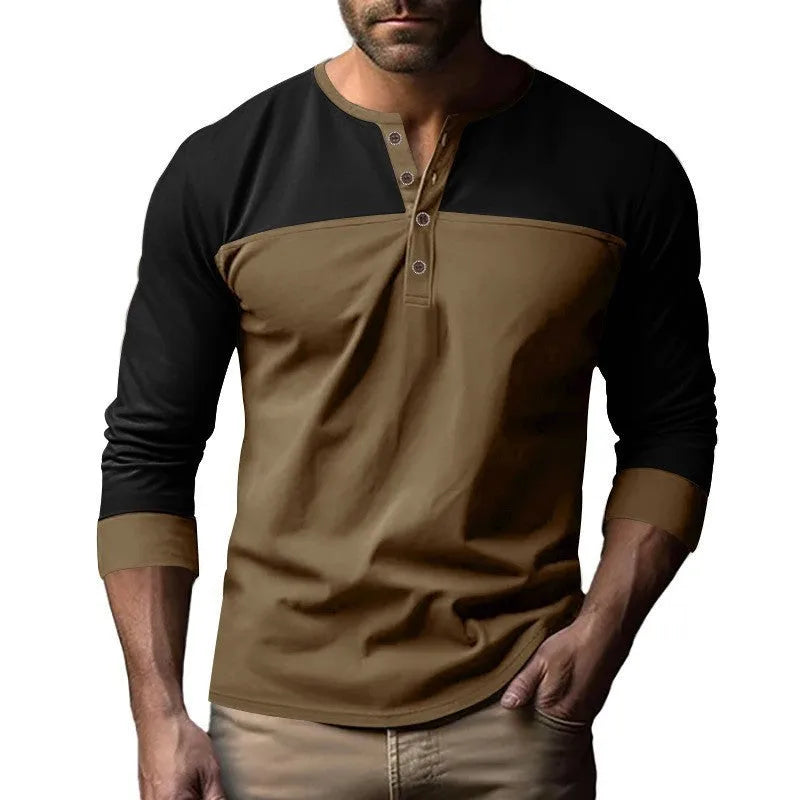 Men's solid colour Henry collar long sleeve casual shirt in beaded twill fabric