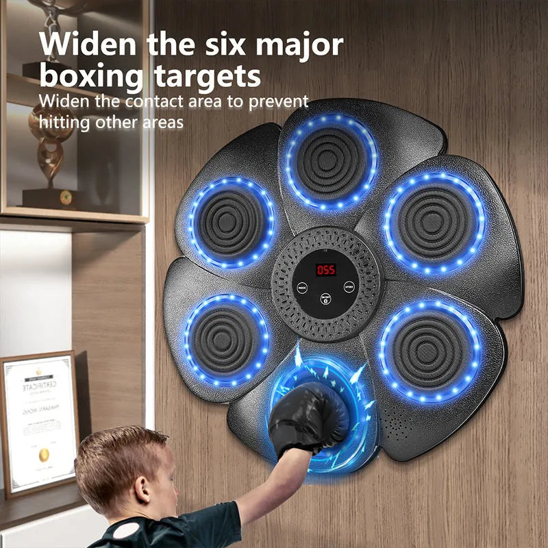 Black smart boxing wall target with LED lights and Bluetooth connectivity for indoor training