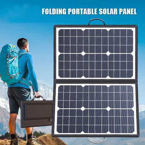 Black folding solar charger bag with 40W single crystal panels for portable outdoor power