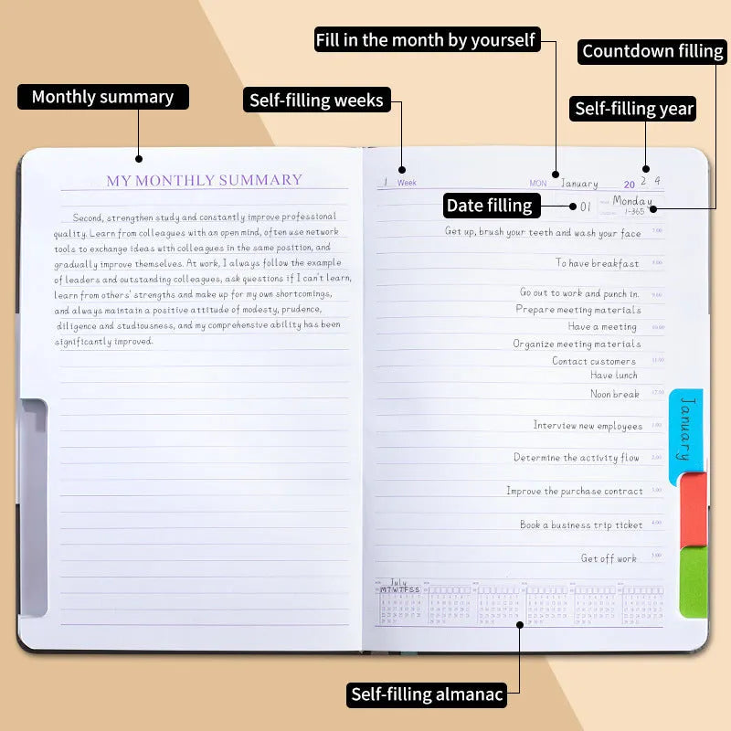 PU leather undated notebook with strap in purple, open to show pages and planning stickers.