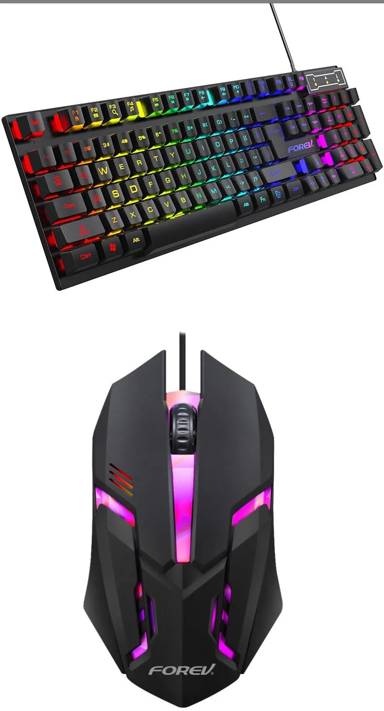Black 104-key backlit keyboard and optical mouse set with 1.5m USB cable on desk
