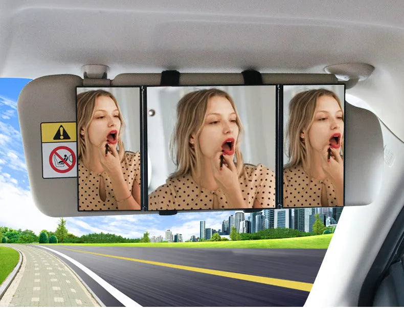 Silver folding car visor mirror shown opened to 30.5cm wide with ABS plastic frame