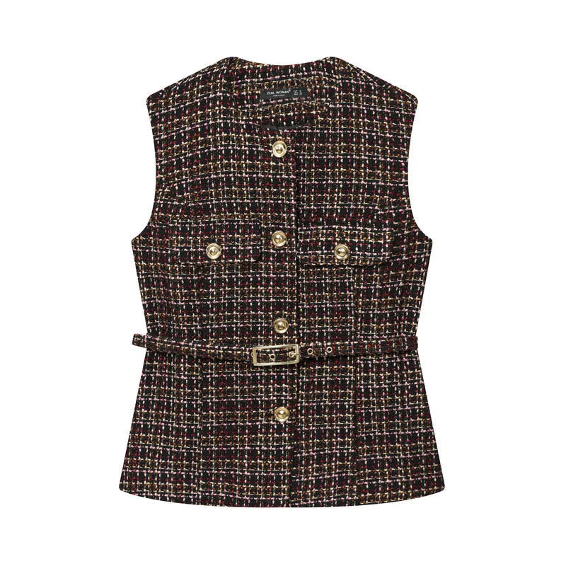 Women's polyester vest with belt texture in animal print pattern for casual wear
