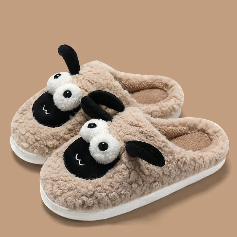Brown thermal cotton suede slip-on slippers with sewn sole on wooden floor